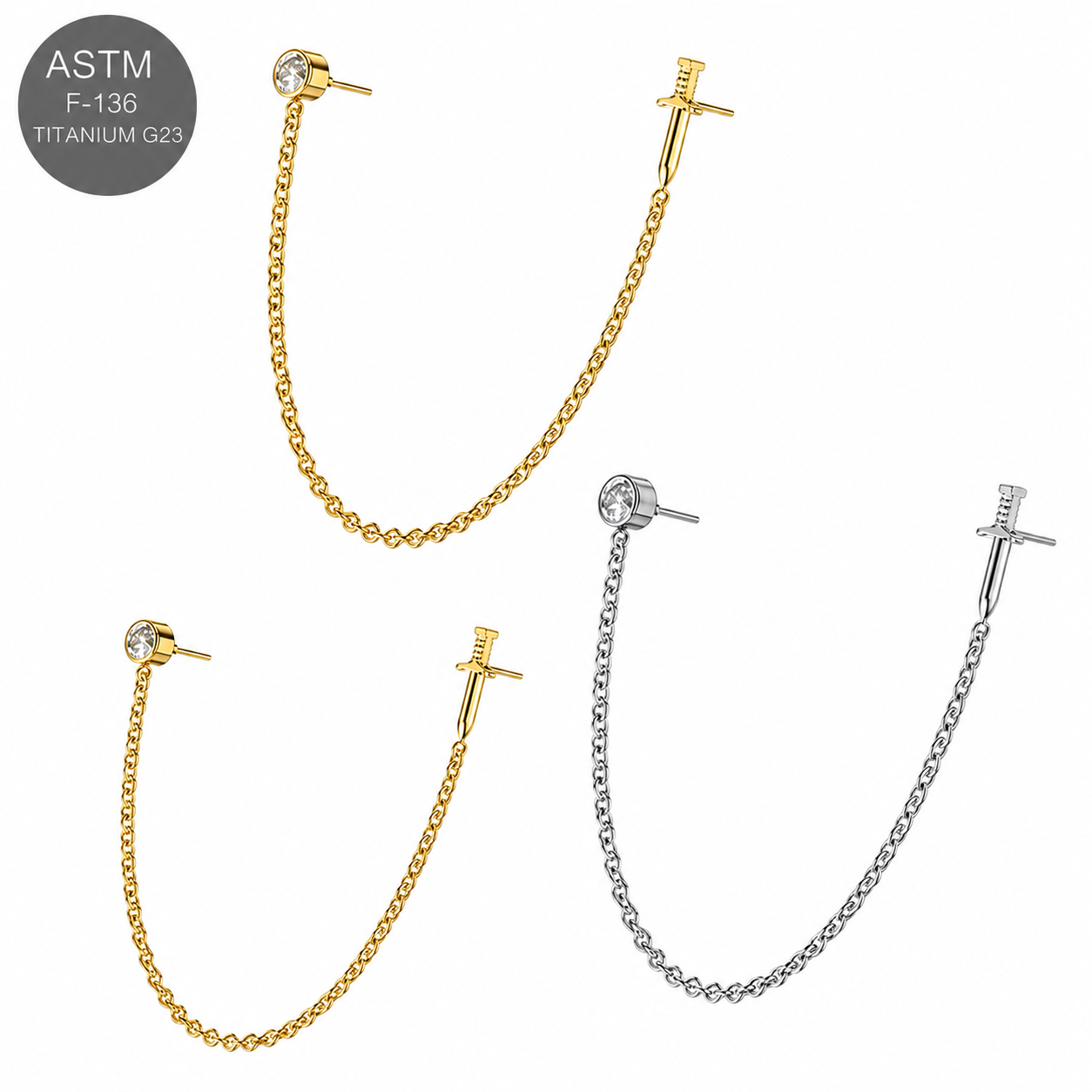 G23 Titanium Two Hole Round Dagger Piercing Chain Threadless Pin Top – 18G & 16G Compatible