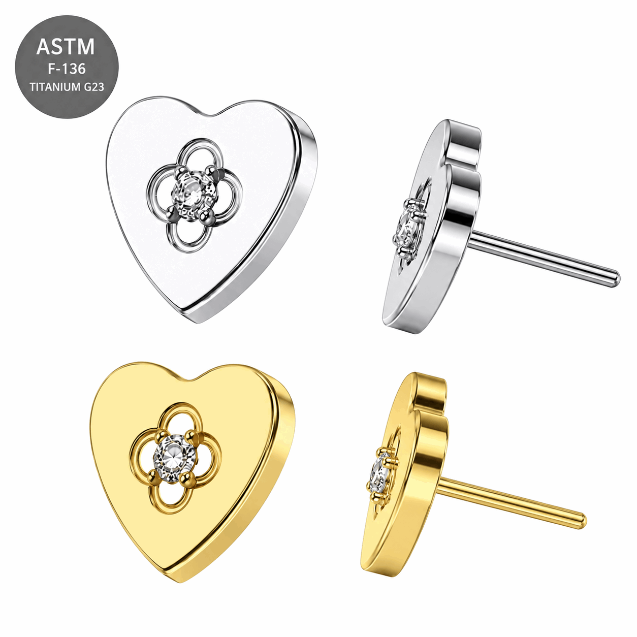 G23 Titanium Clear CZ Filigree Heart Threadless Top – 18G & 16G Compatible