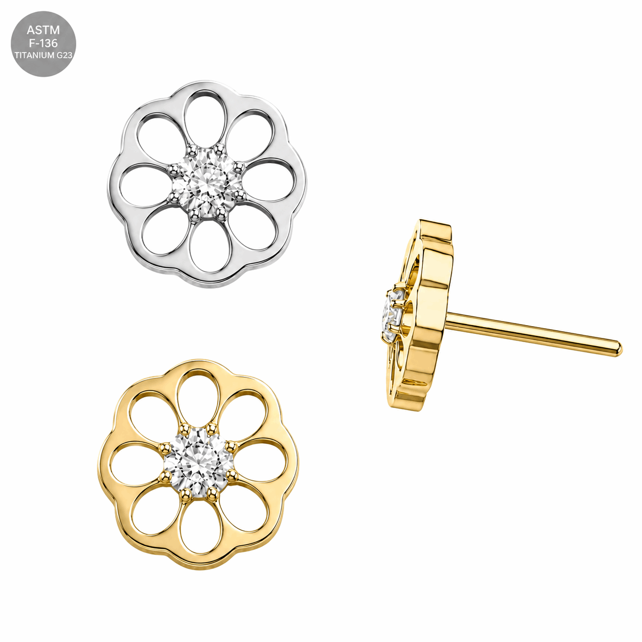 Titanium Daisy Flower CZ Threadless Pin Top – 18G & 16G Compatible