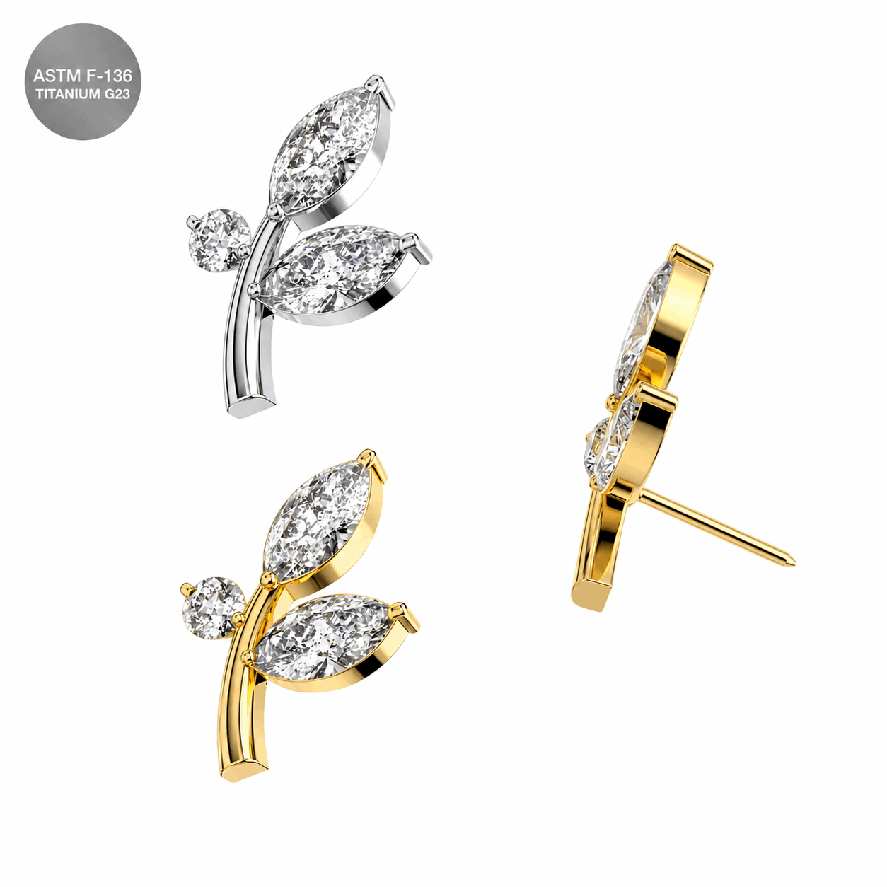 G23 Titanium CZ Leaf Threadless Pin Top – 18G & 16G Compatible