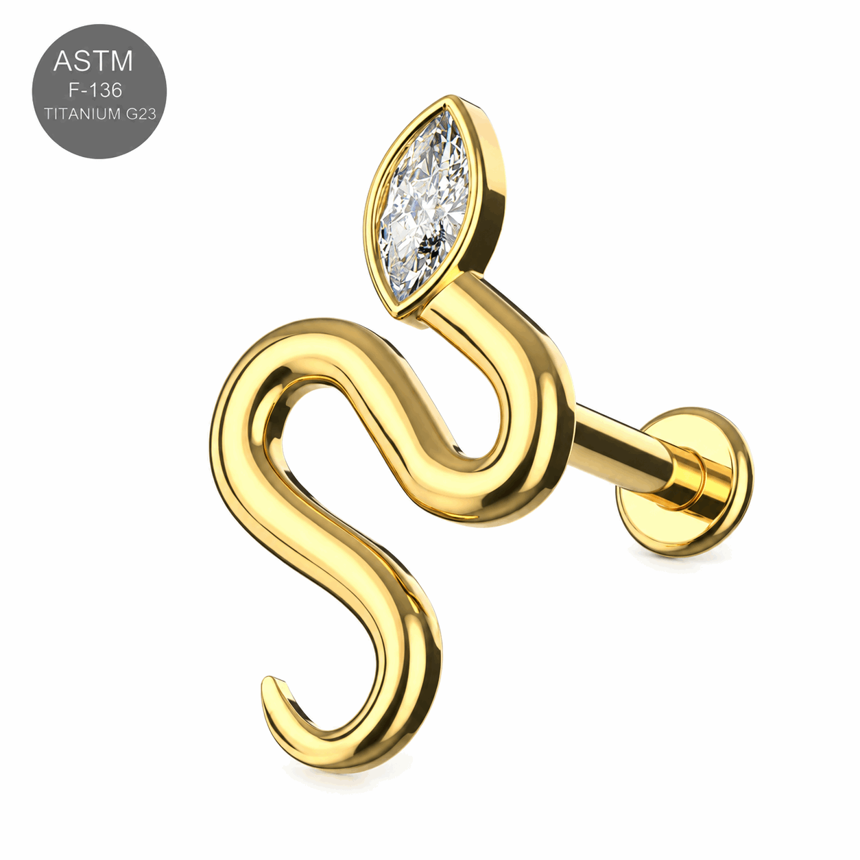 Implant Grade Titanium Internally Threaded Labret Stud with Snake Top – 16G(1.2mm)