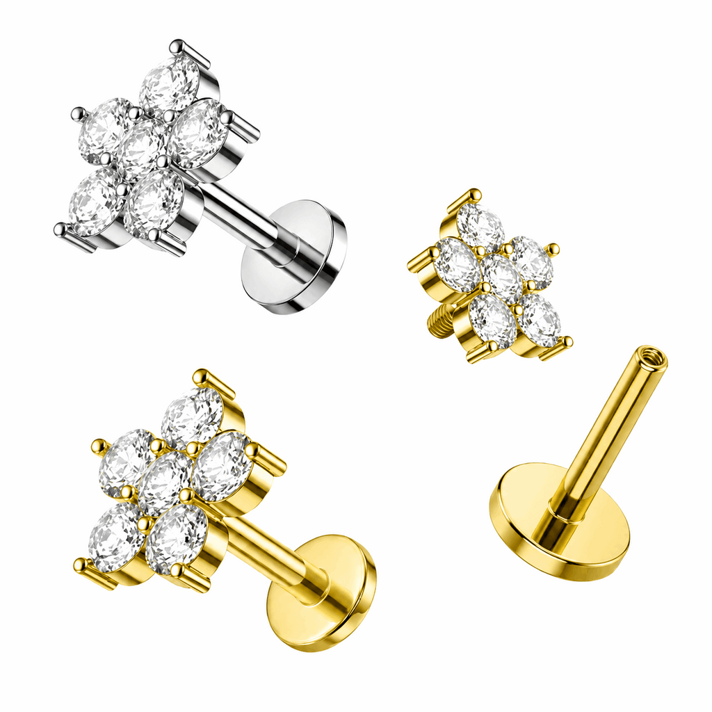 316L Surgical Steel CZ Petal Flat Back Labret Stud – 16G (1.2mm)