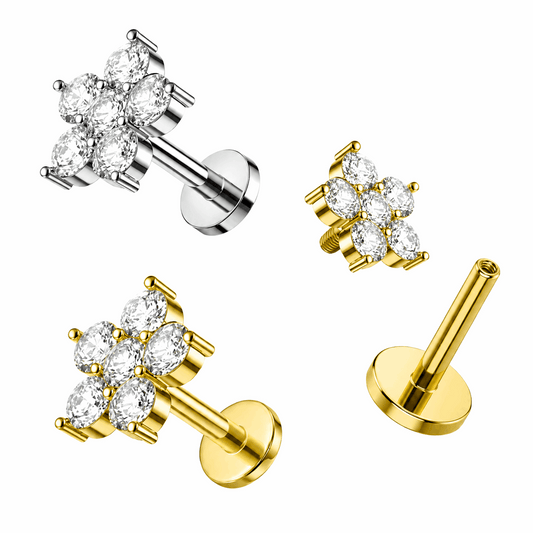 316L Surgical Steel CZ Petal Flat Back Labret Stud – 16G (1.2mm)