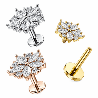 316L Surgical Steel CZ Floral Flakes Internally Threaded Flat Back Labret – 16G (1.2mm)