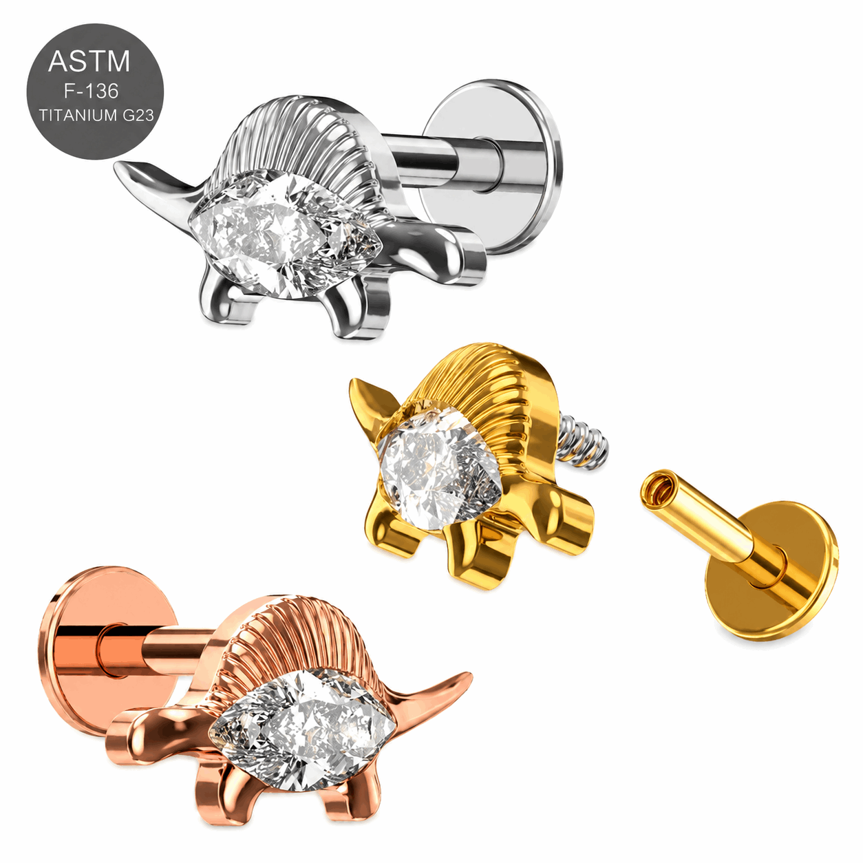 G23 Titanium CZ Stegosaurus Flat Back Labret Stud – Internally Threaded 16G (1.2mm)