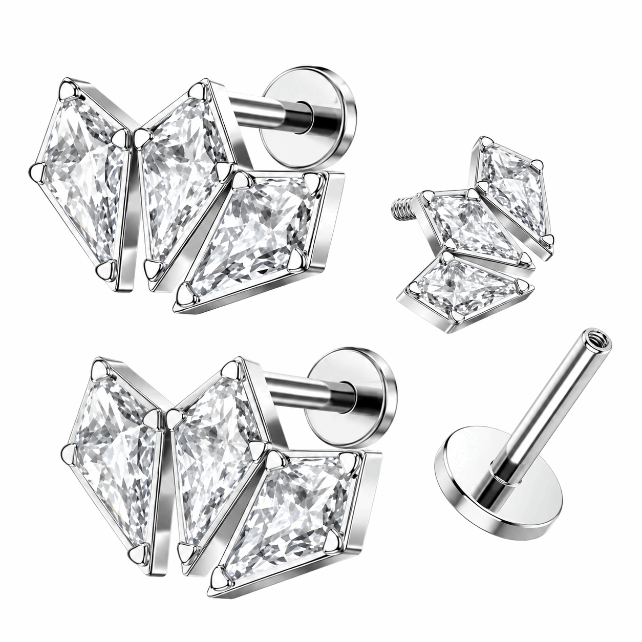316L Surgical Steel Triple Coffin Flat Back Labret Stud – Internally Threaded 16G (1.2mm)