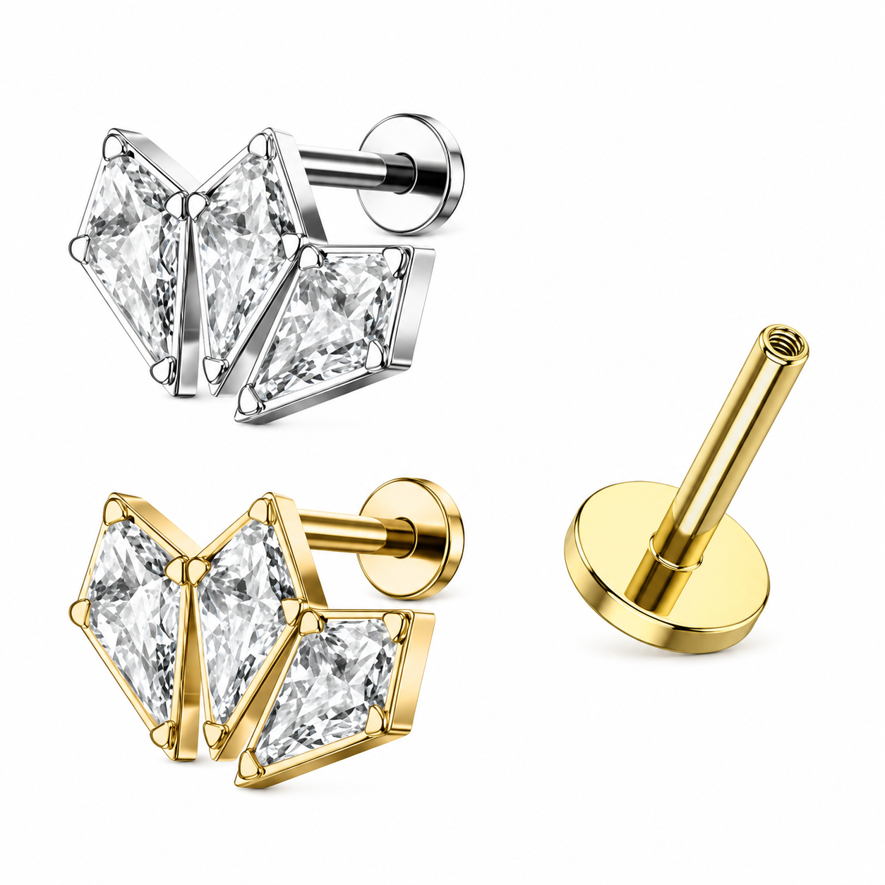 316L Surgical Steel Triple Coffin Flat Back Labret Stud – Internally Threaded 16G (1.2mm)