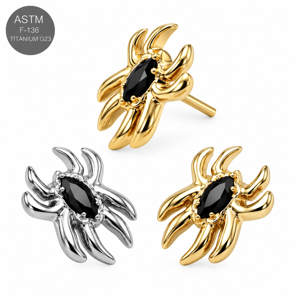 ASTM F136 Titanium Spider Black CZ Threadless Top – 18G/16G Compatible
