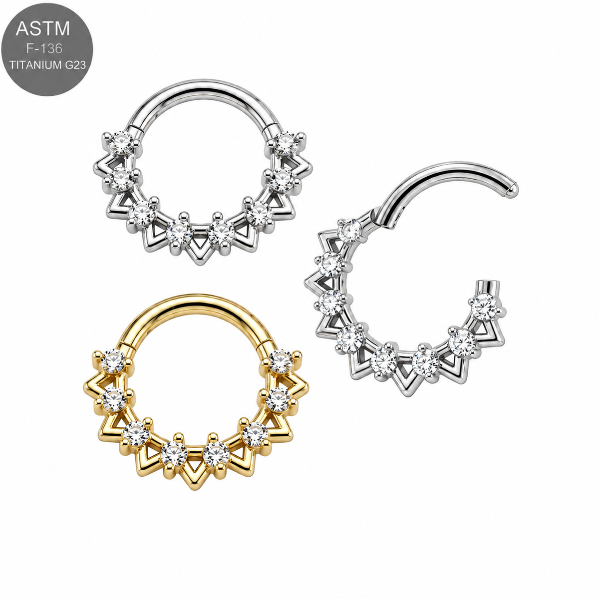 ASTM F136 Titanium Zig-Zag CZ Cluster Hinged Clicker Ring – 16G 8mm