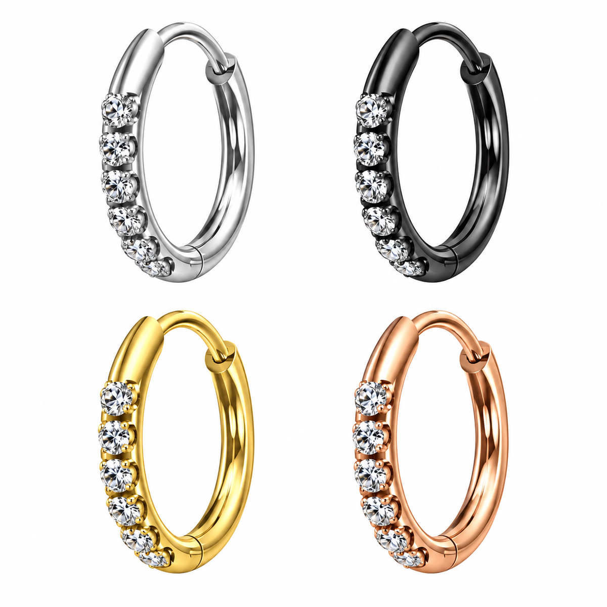 Micro Jeweled 316L Surgical Steel Hinged Huggie Earring – Rose Gold 16G 8mm