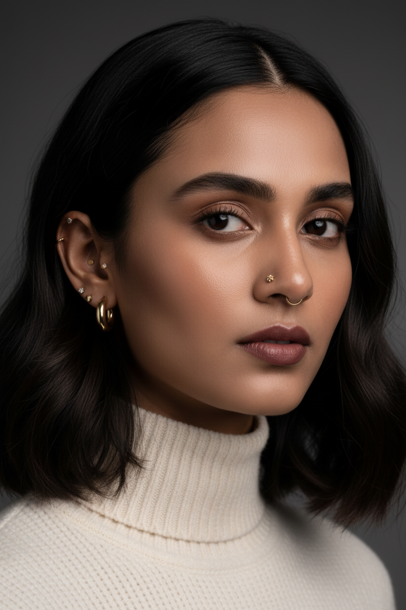 A close-up portrait of a woman with dark hair pulled back, wearing multiple gold body jewelry pieces including hoop earrings, ear cuffs, a nose stud, and a nose ring, against a dark gray studio background.