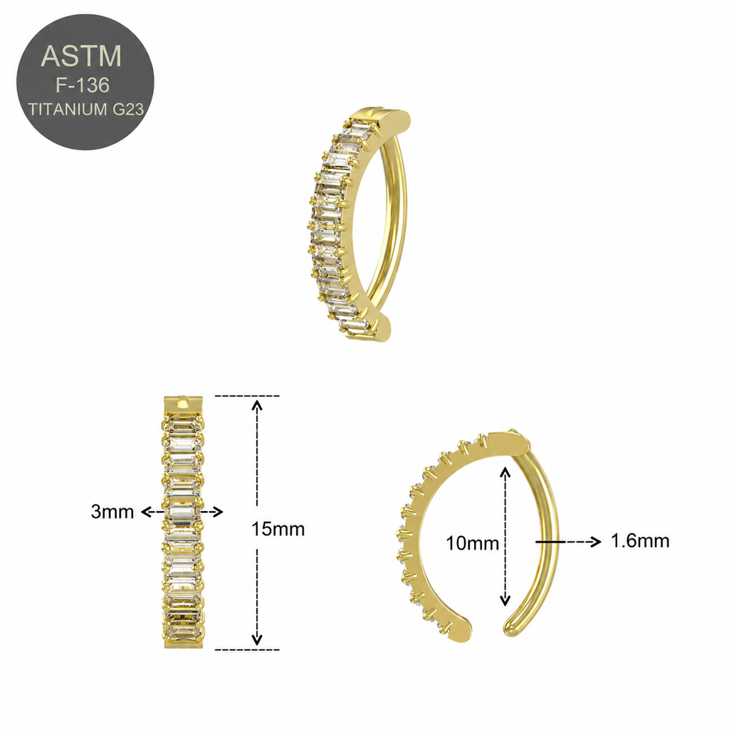 G23 Titanium Vertical Baguette CZ Curved Bar Belly Button Ring – 14G (1.6mm)