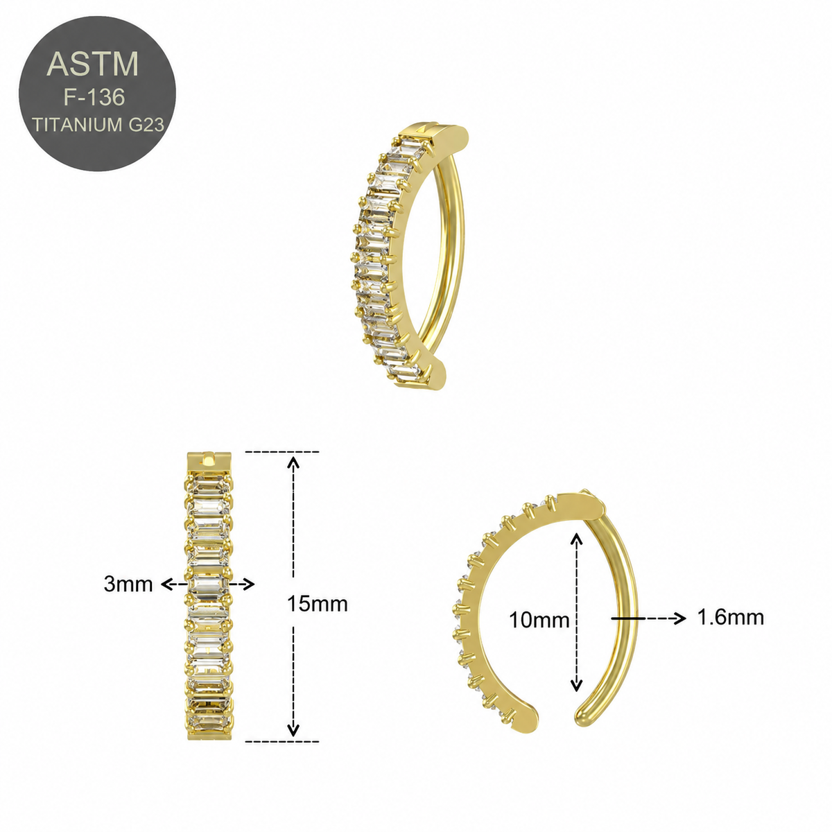 G23 Titanium Vertical Baguette CZ Curved Bar Belly Button Ring – 14G (1.6mm)