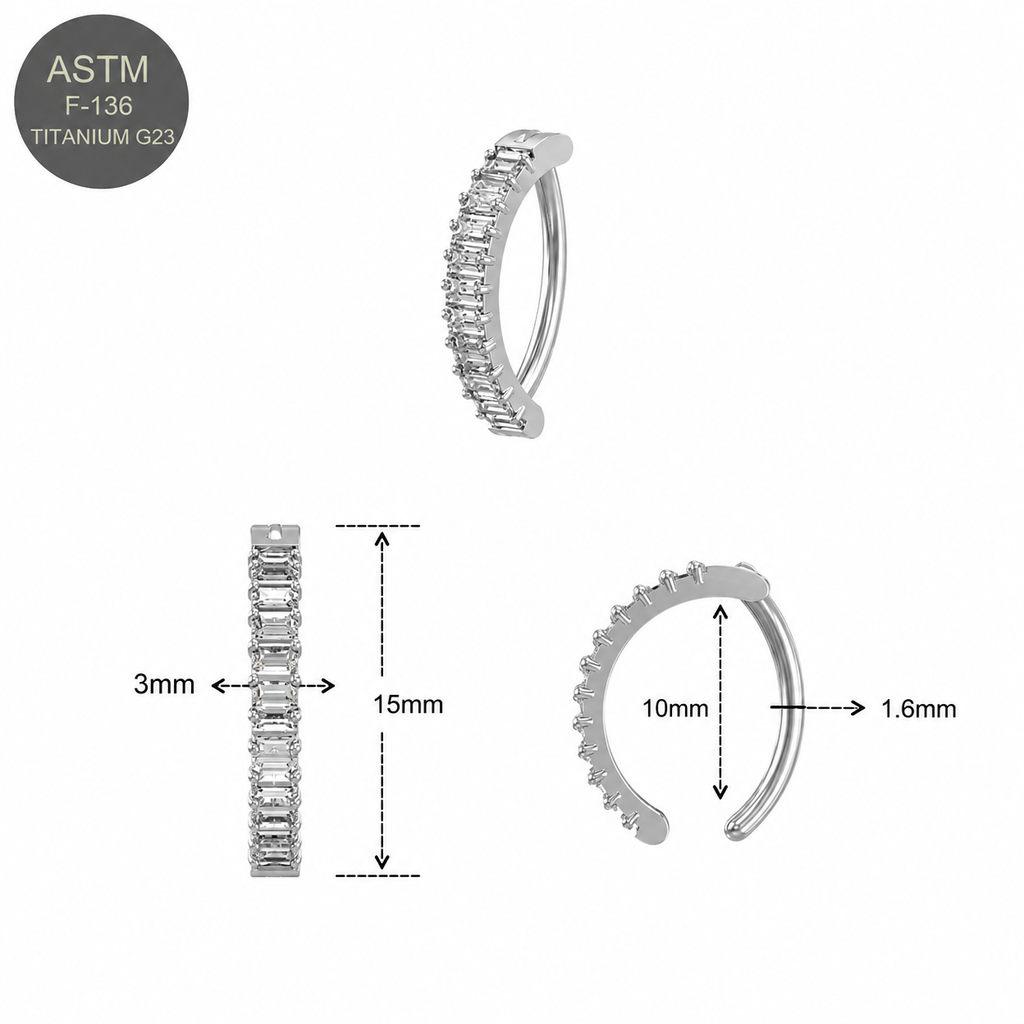 G23 Titanium Vertical Baguette CZ Curved Bar Belly Button Ring – 14G (1.6mm)