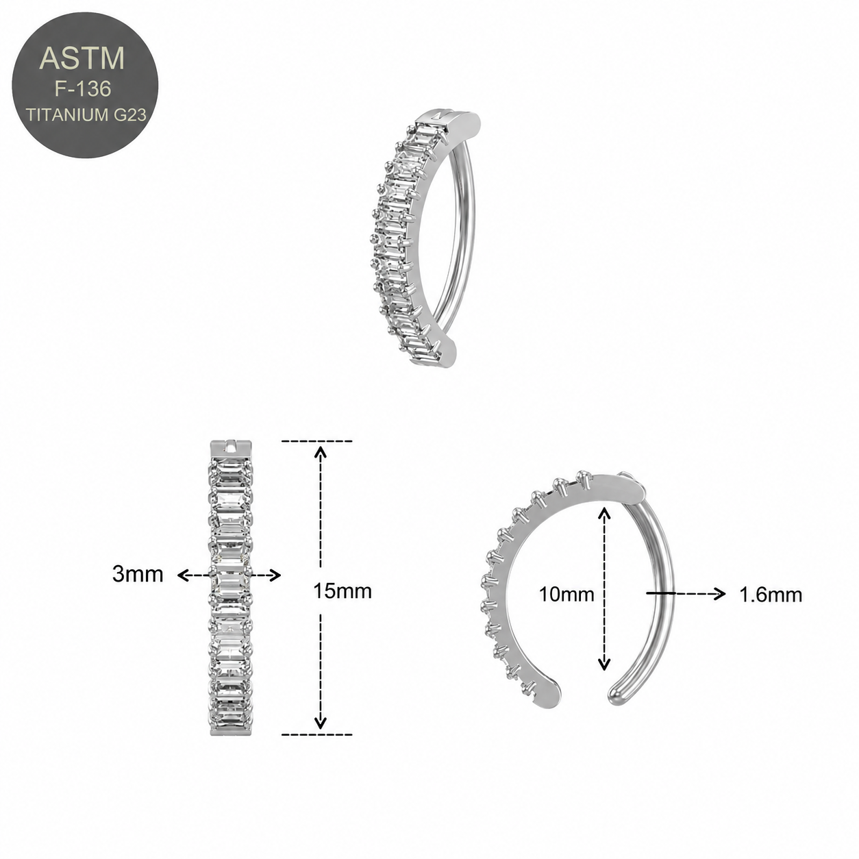 G23 Titanium Vertical Baguette CZ Curved Bar Belly Button Ring – 14G (1.6mm)