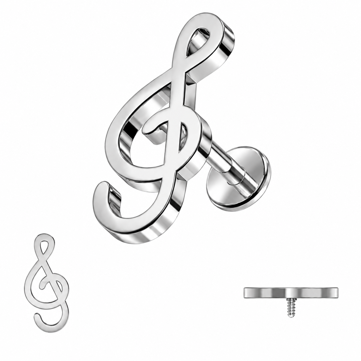 316L Surgical Steel Treble Clef Internally Threaded Flat Back Labret – 16G (1.2mm)
