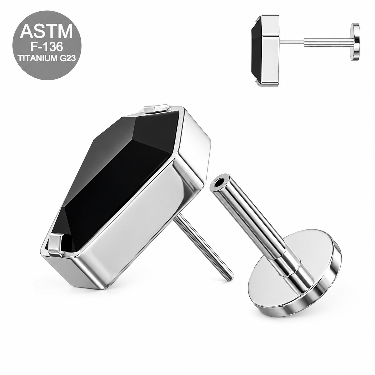 G23 Titanium Coffin Cut Threadless Flat Back Labret Stud – 16G (1.2mm)