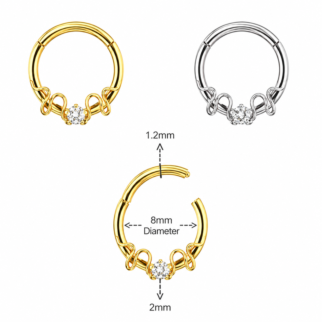 316L Surgical Steel CZ Duo Snake Front Facing Hinged Clicker Ring – 16G (1.2mm) 8mm & 10mm