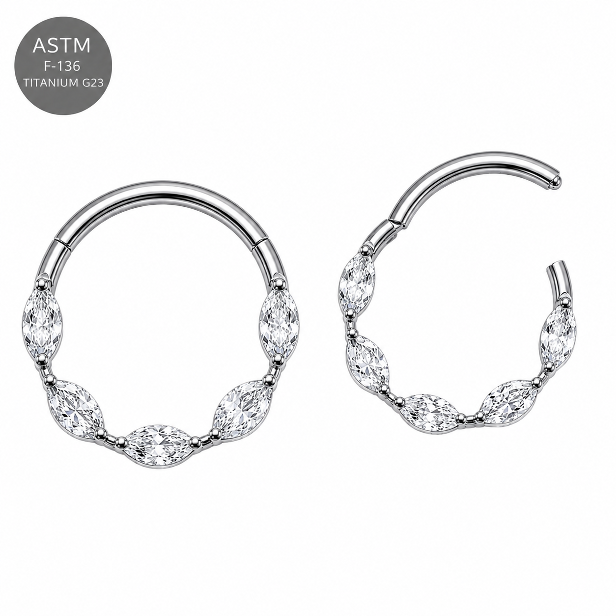 G23 Titanium Marquise CZ Hinged Segment Clicker Ring – 16G (1.2mm) 8mm