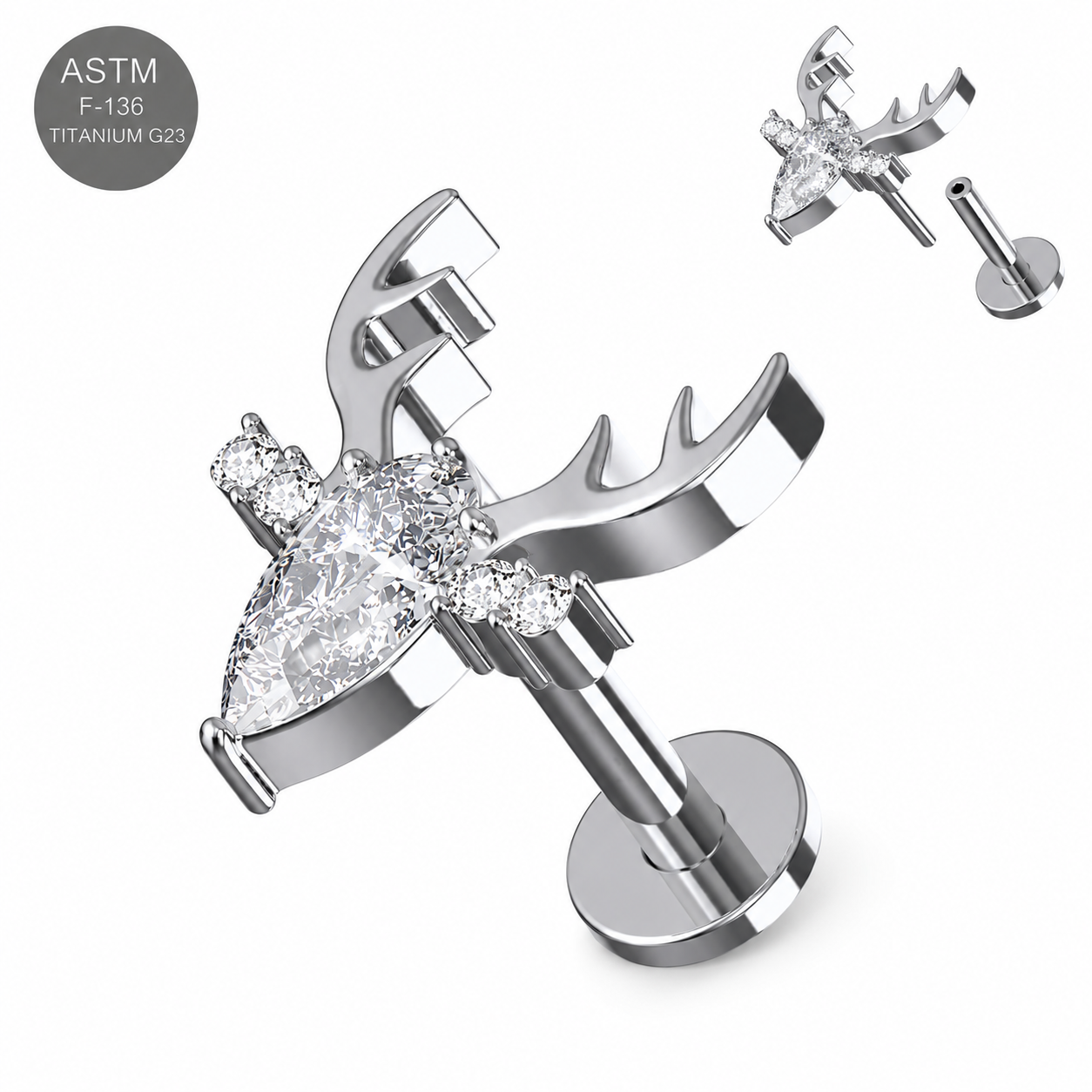 Titanium Clear Jeweled Deer Threadless Labret Stud – 16G (1.2mm)