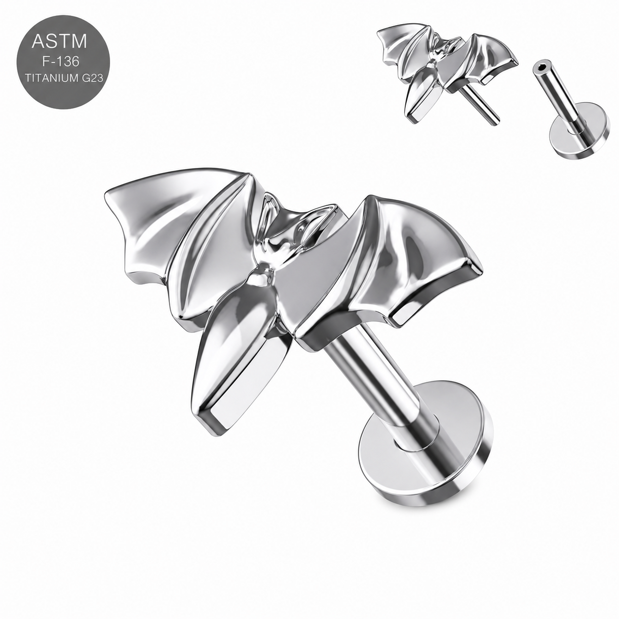 G23 Titanium Bat Threadless Flat Back Labret Stud – 16G (1.2mm)