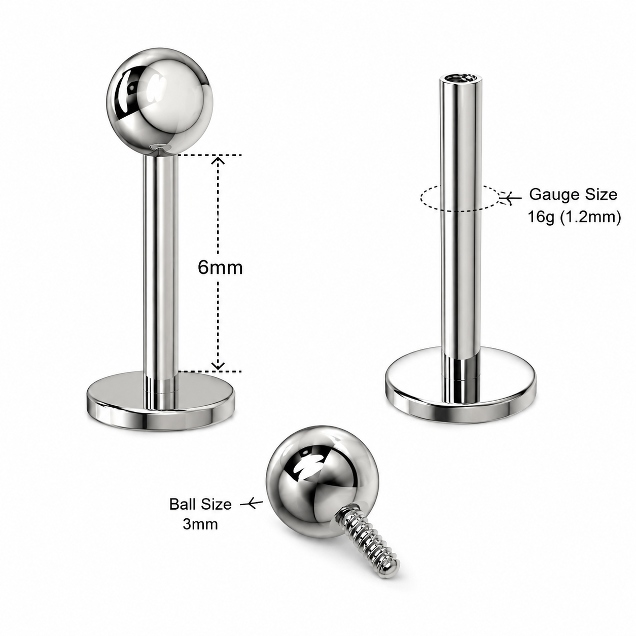 G23 Titanium Internally Threaded Plain Ball Labret Stud – 16G (1.2mm)