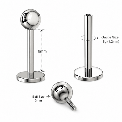 G23 Titanium Internally Threaded Plain Ball Labret Stud – 16G (1.2mm)