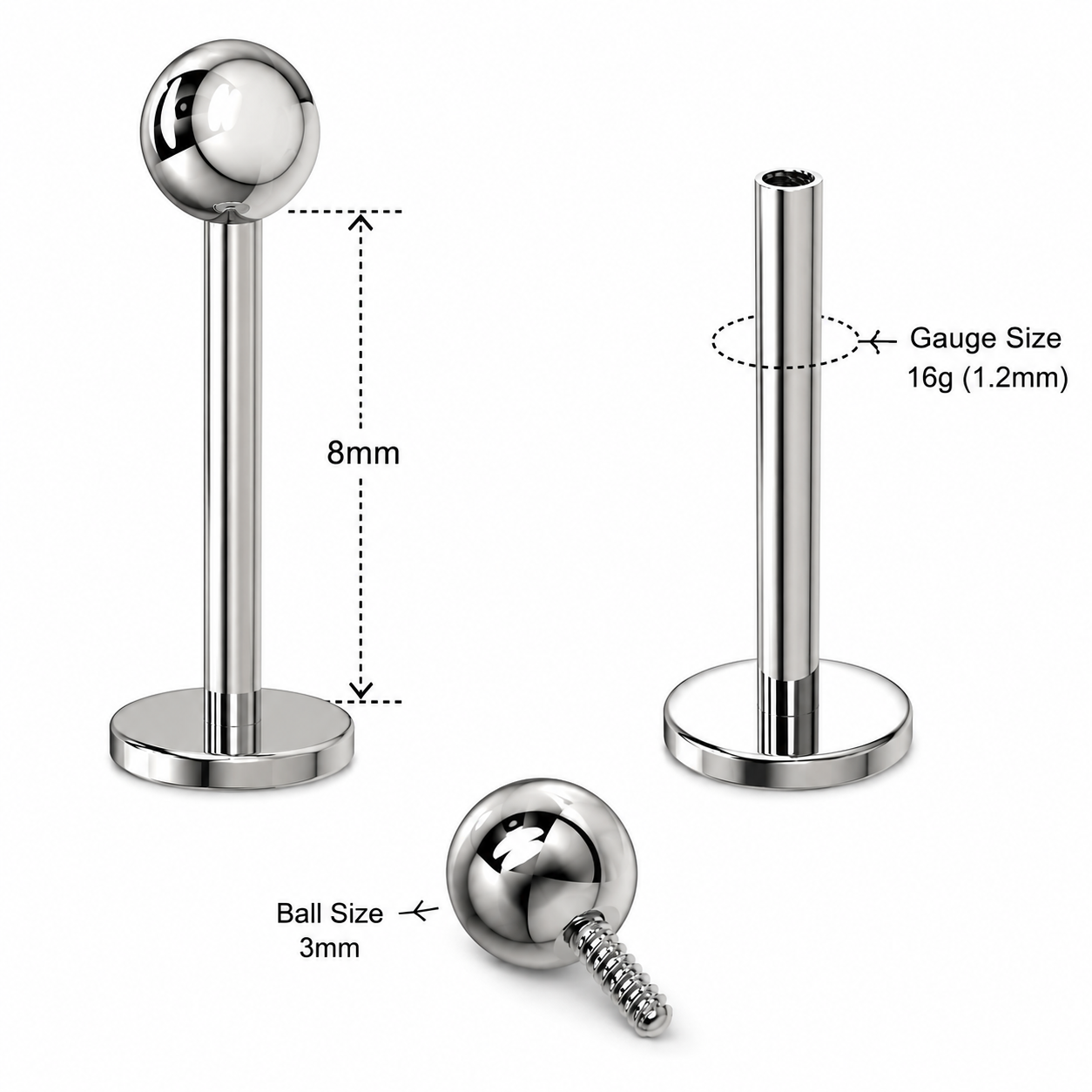 G23 Titanium Internally Threaded Plain Ball Labret Stud – 16G (1.2mm)