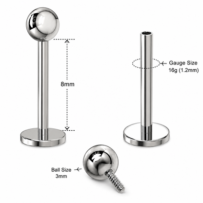G23 Titanium Internally Threaded Plain Ball Labret Stud – 16G (1.2mm)