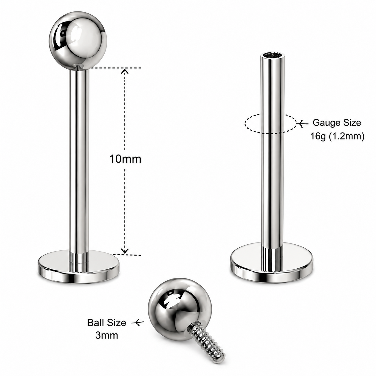 G23 Titanium Internally Threaded Plain Ball Labret Stud – 16G (1.2mm)