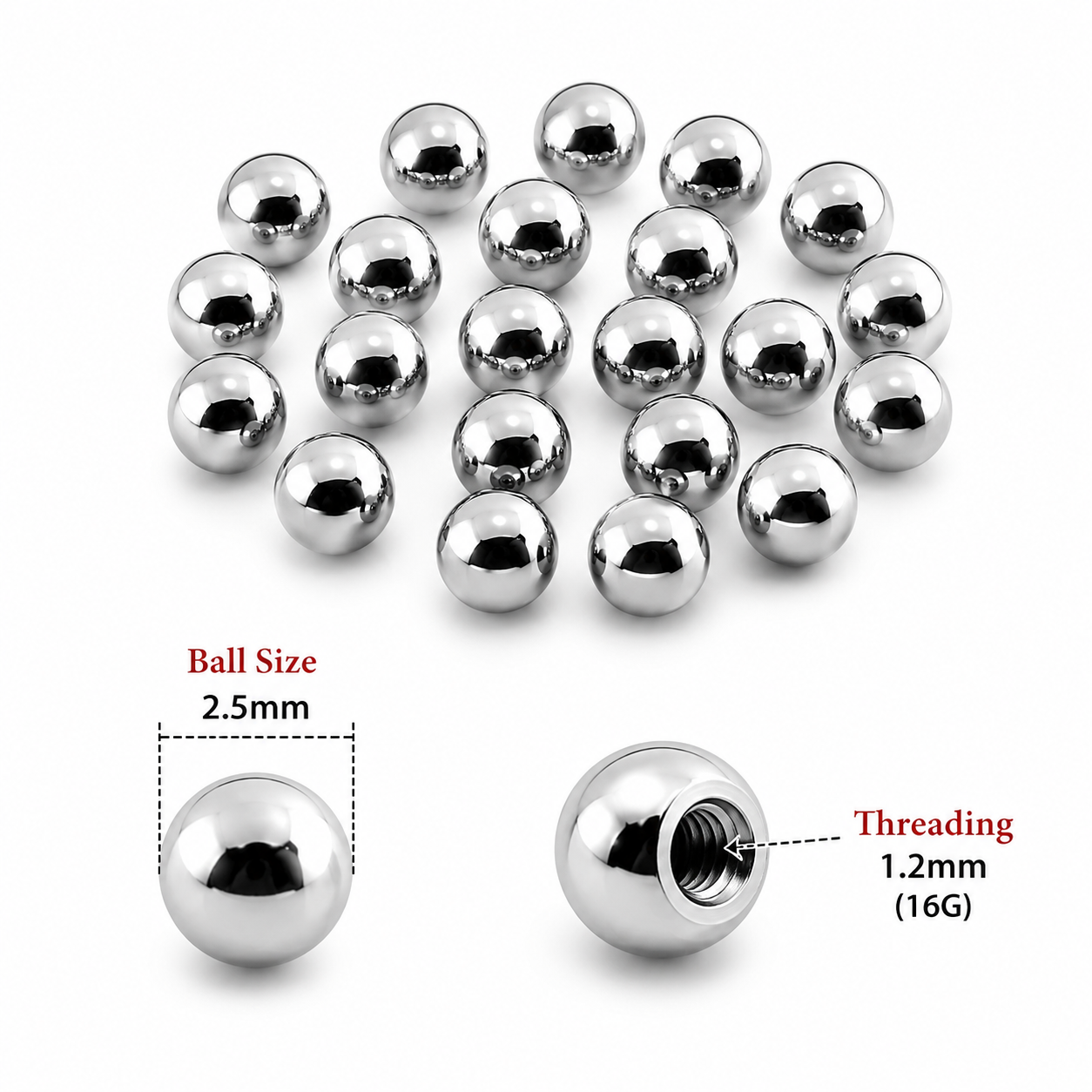 316L Surgical Steel Threaded Ball Accessories – 16G (1.2mm)