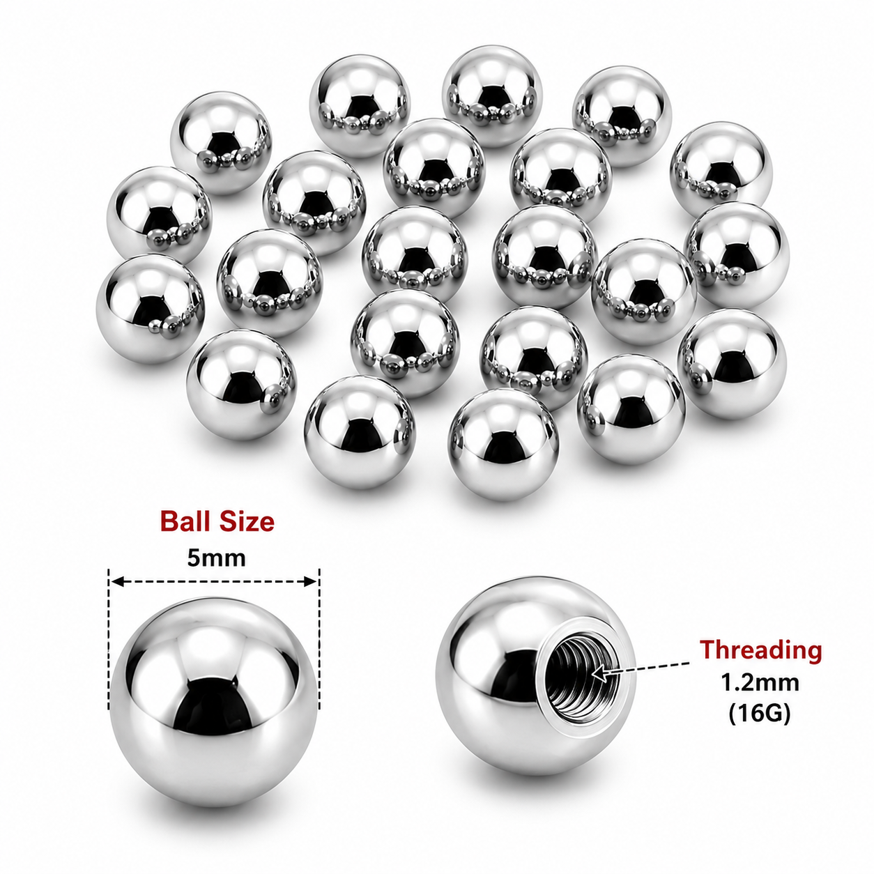 316L Surgical Steel Threaded Ball Accessories – 16G (1.2mm)