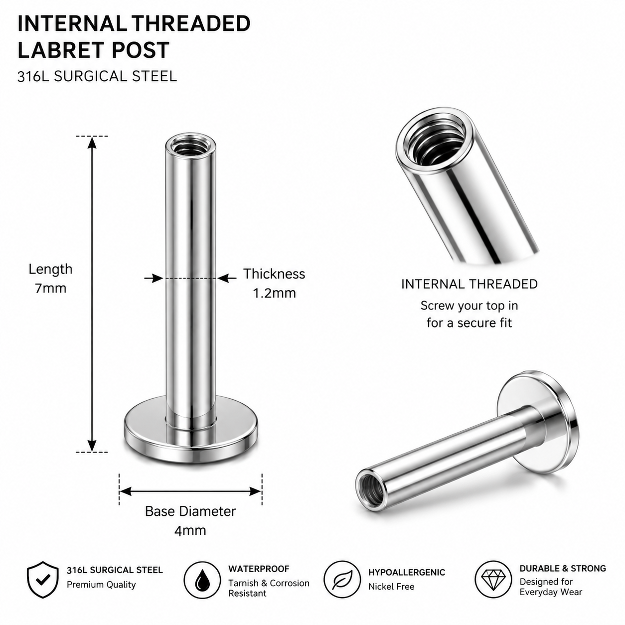 316L Surgical Steel Internally Threaded Flat Back Labret Bar – 16G (1.2mm)