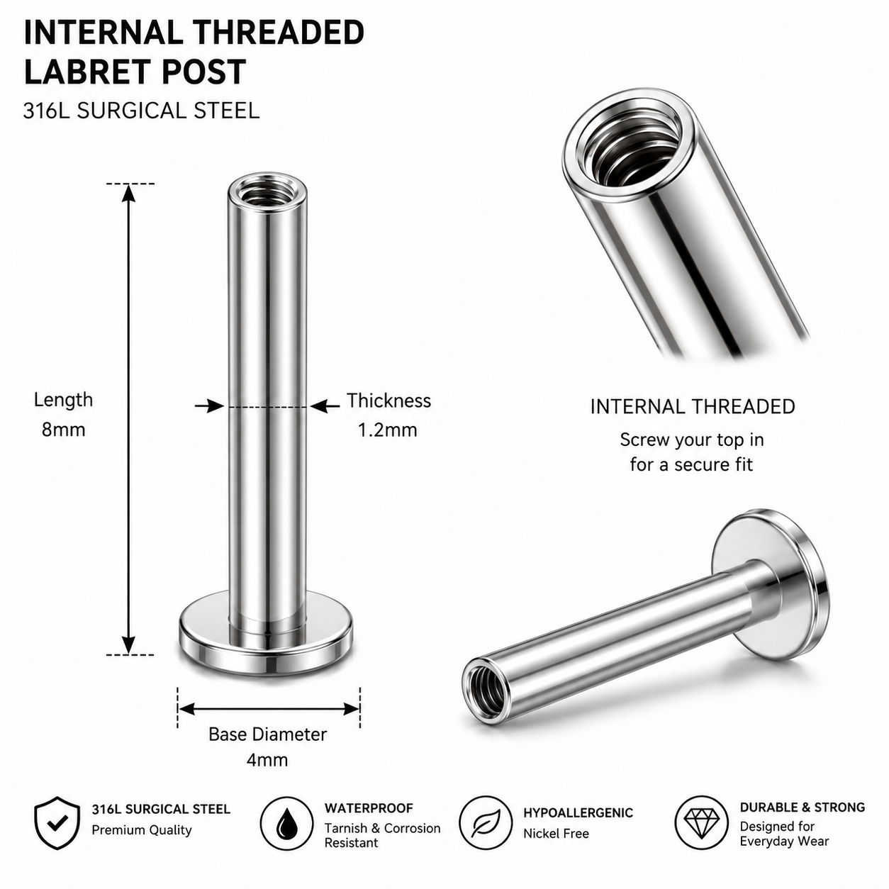 316L Surgical Steel Internally Threaded Flat Back Labret Bar – 16G (1.2mm)