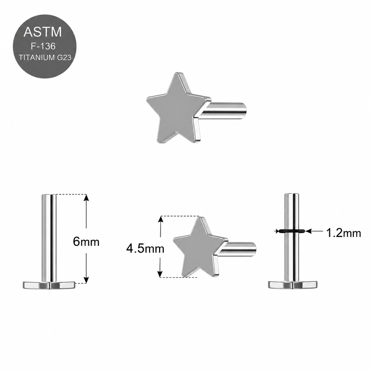 G23 Titanium Threadless Star Push Fit Labret Bar – 16G (1.2mm) 6mm