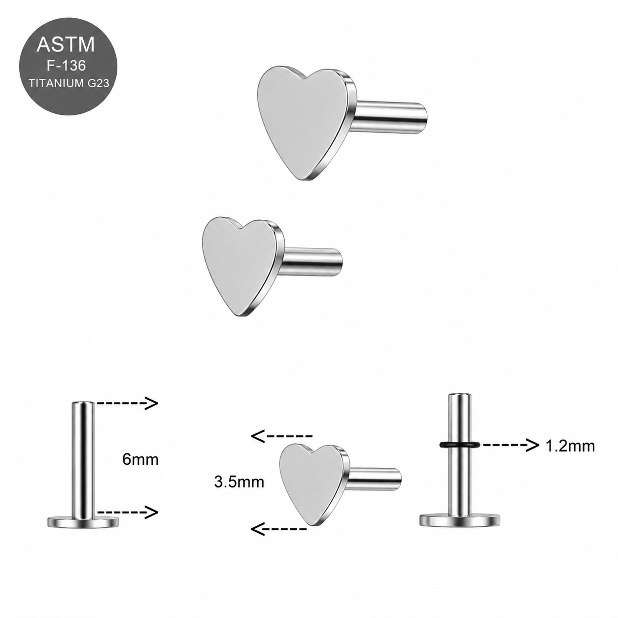 G23 Titanium Threadless Heart Push Fit Labret Bar – 16G (1.2mm) 6mm
