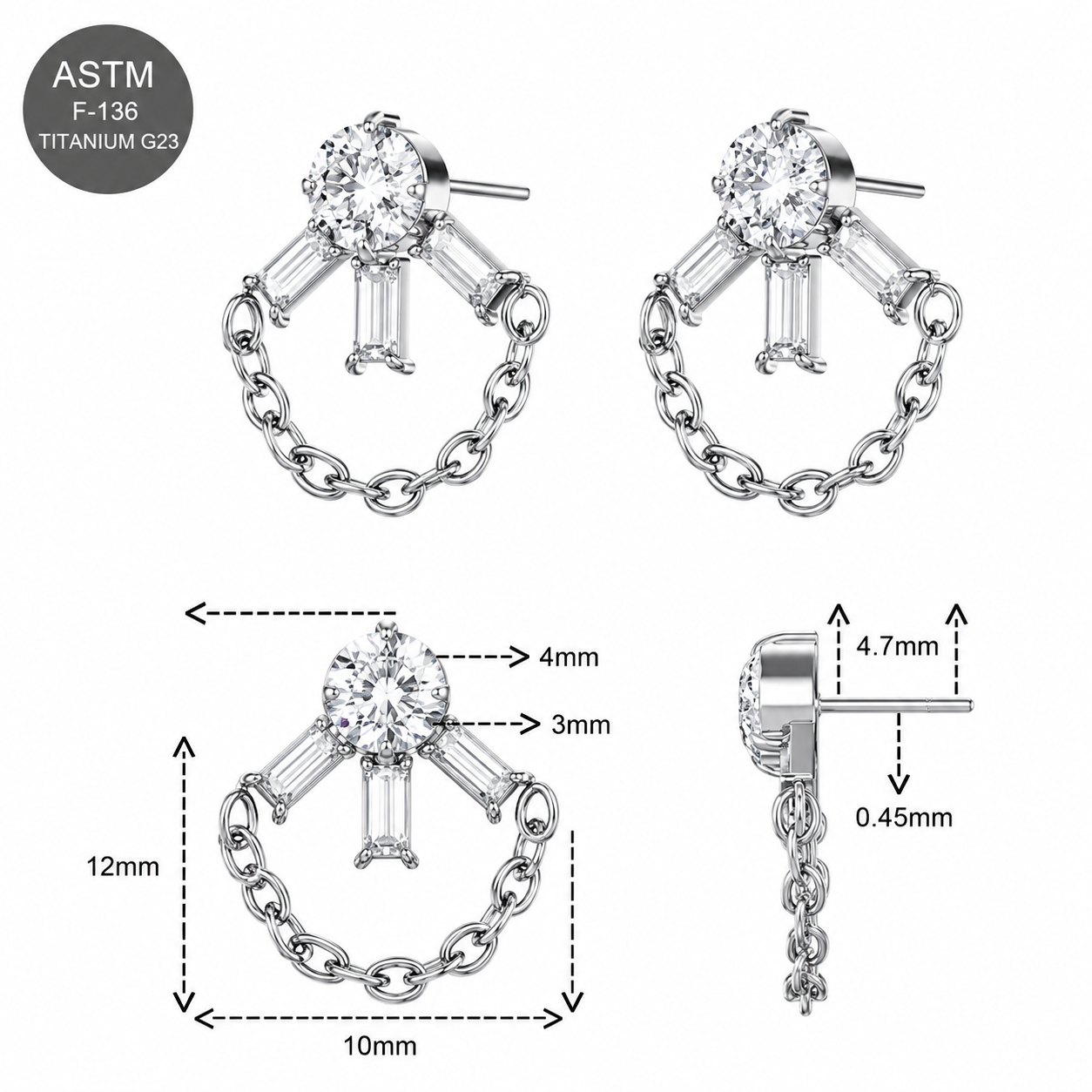 G23 Titanium CZ Linked Chain Threadless Pin Top – 18G & 16G Compatible