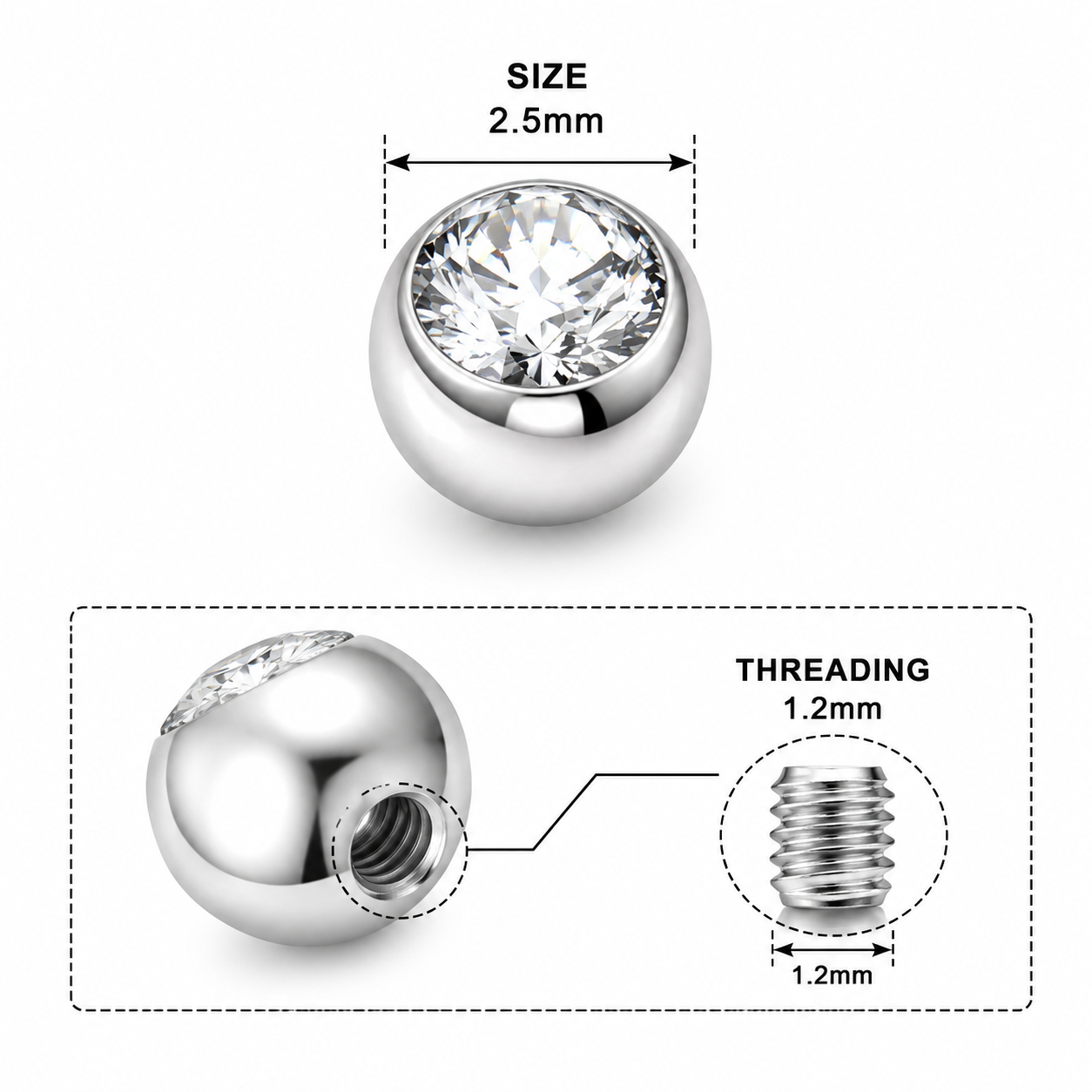 316L Surgical Steel Flat Jeweled Ball Accessories – 16G (1.2mm)