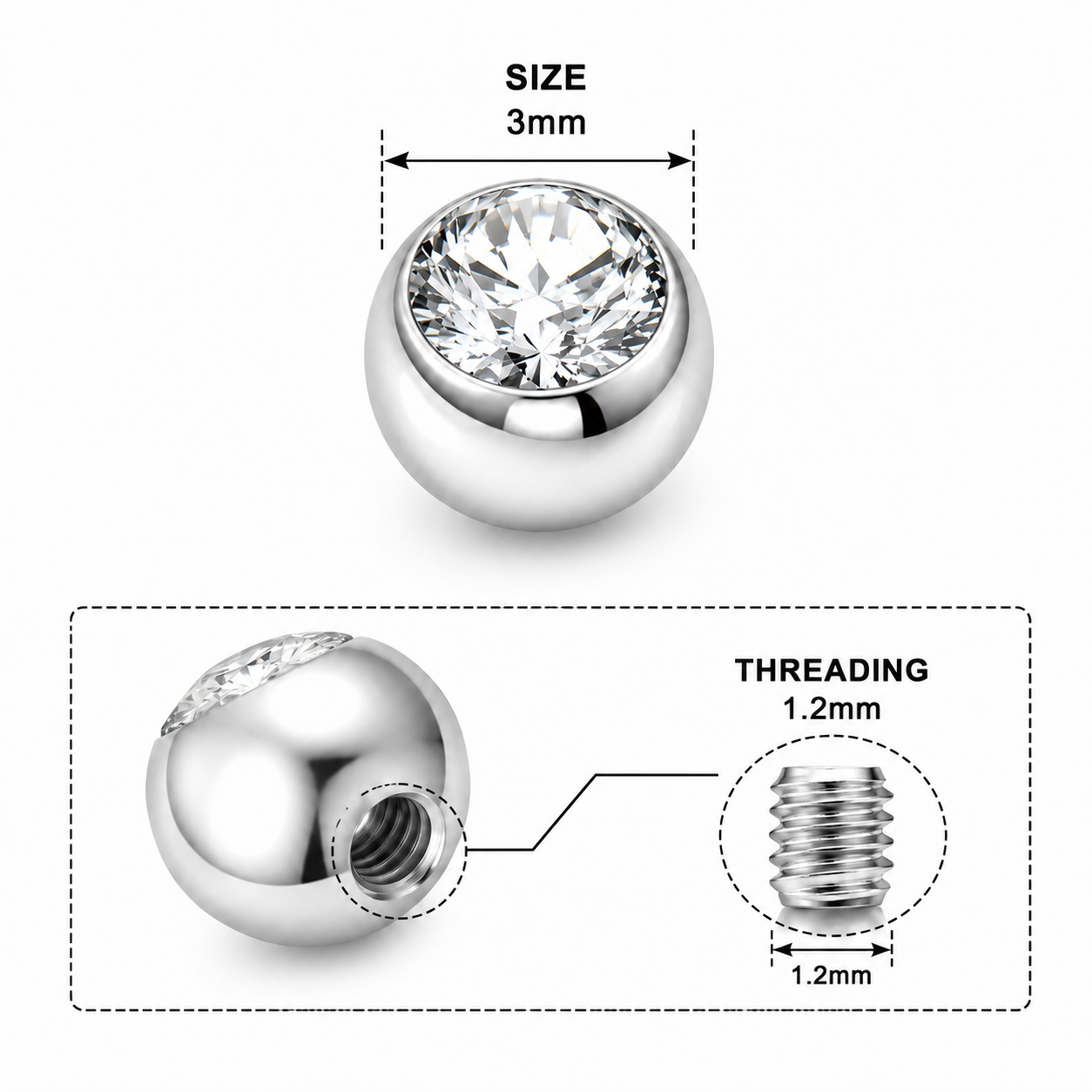 316L Surgical Steel Flat Jeweled Ball Accessories – 16G (1.2mm)