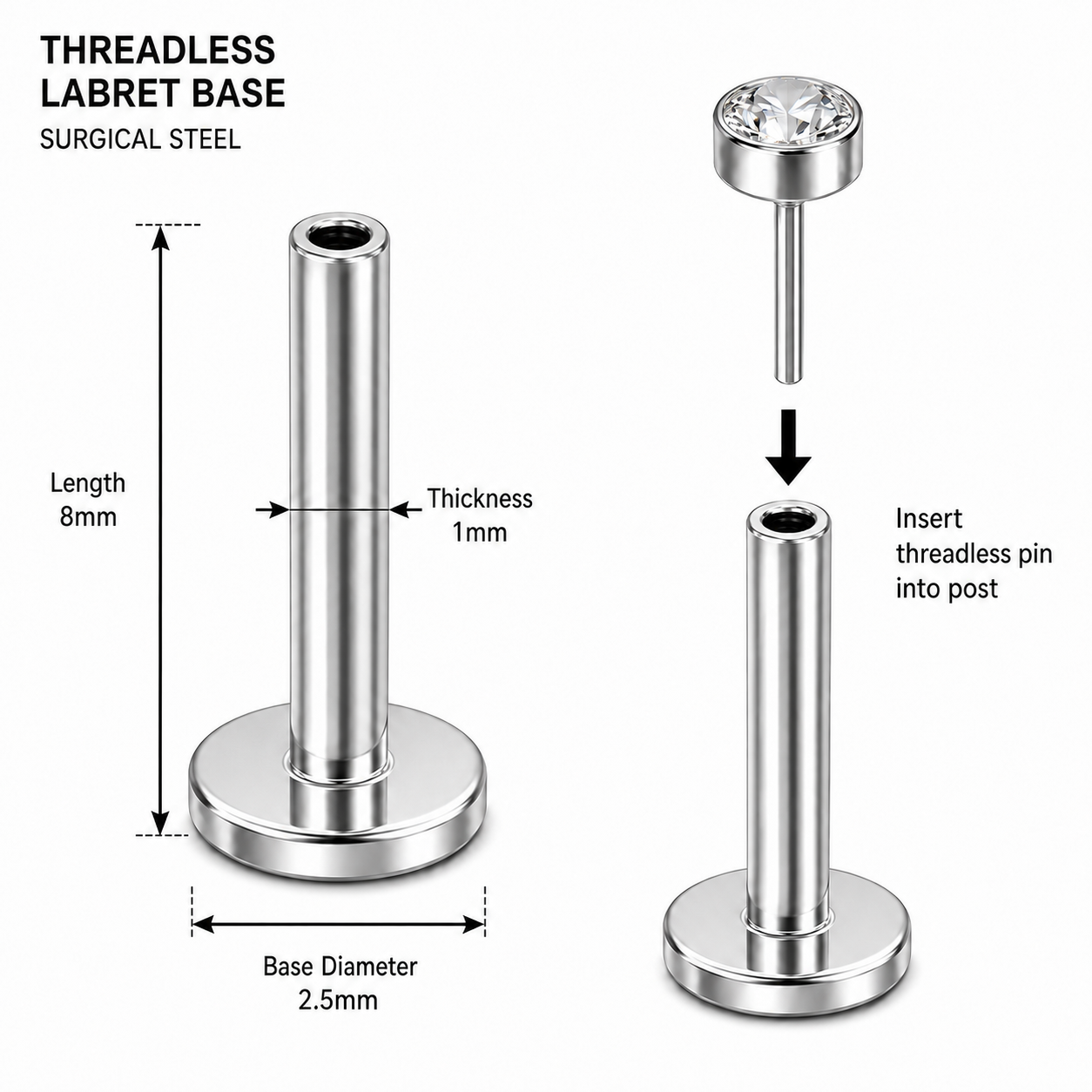 G23 Titanium Threadless Push Fit Labret Bar – 18G (1.0mm) & 16G (1.2mm)