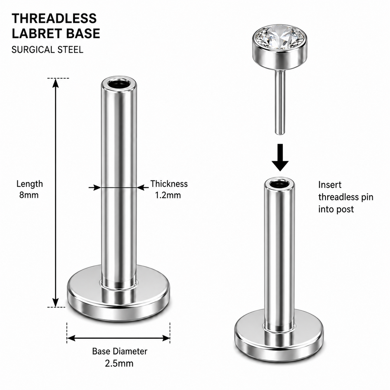 G23 Titanium Threadless Push Fit Labret Bar – 18G (1.0mm) & 16G (1.2mm)