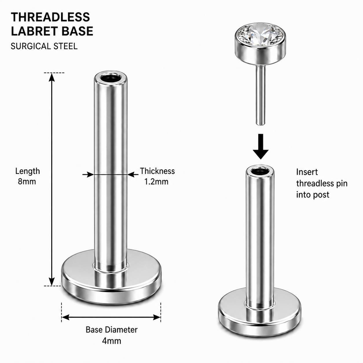 G23 Titanium Threadless Push Fit Labret Bar – 18G (1.0mm) & 16G (1.2mm)