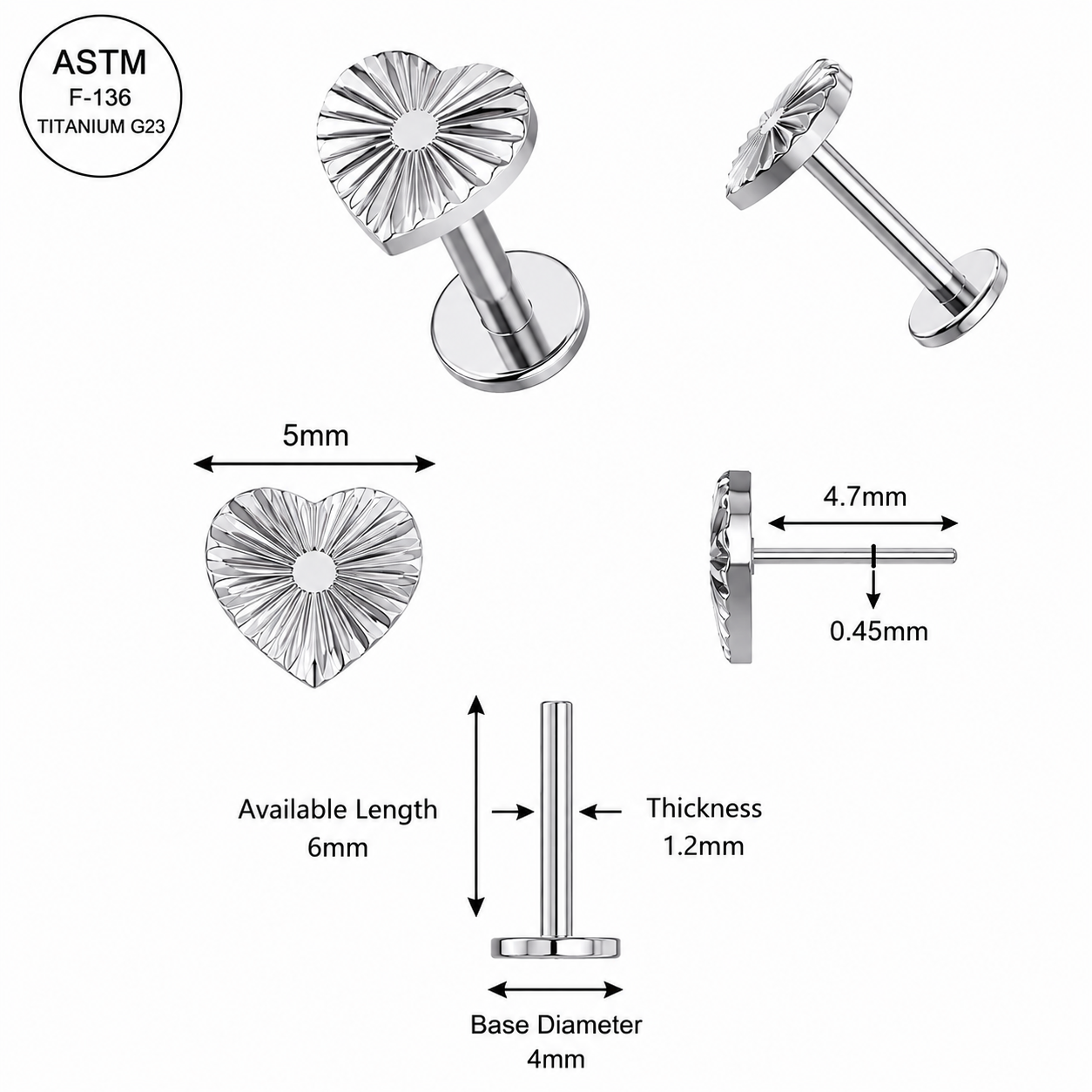 G23 Titanium Stripe Heart Threadless Labret Stud – 16G (1.2mm)
