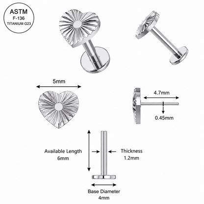 G23 Titanium Stripe Heart Threadless Labret Stud – 16G (1.2mm)
