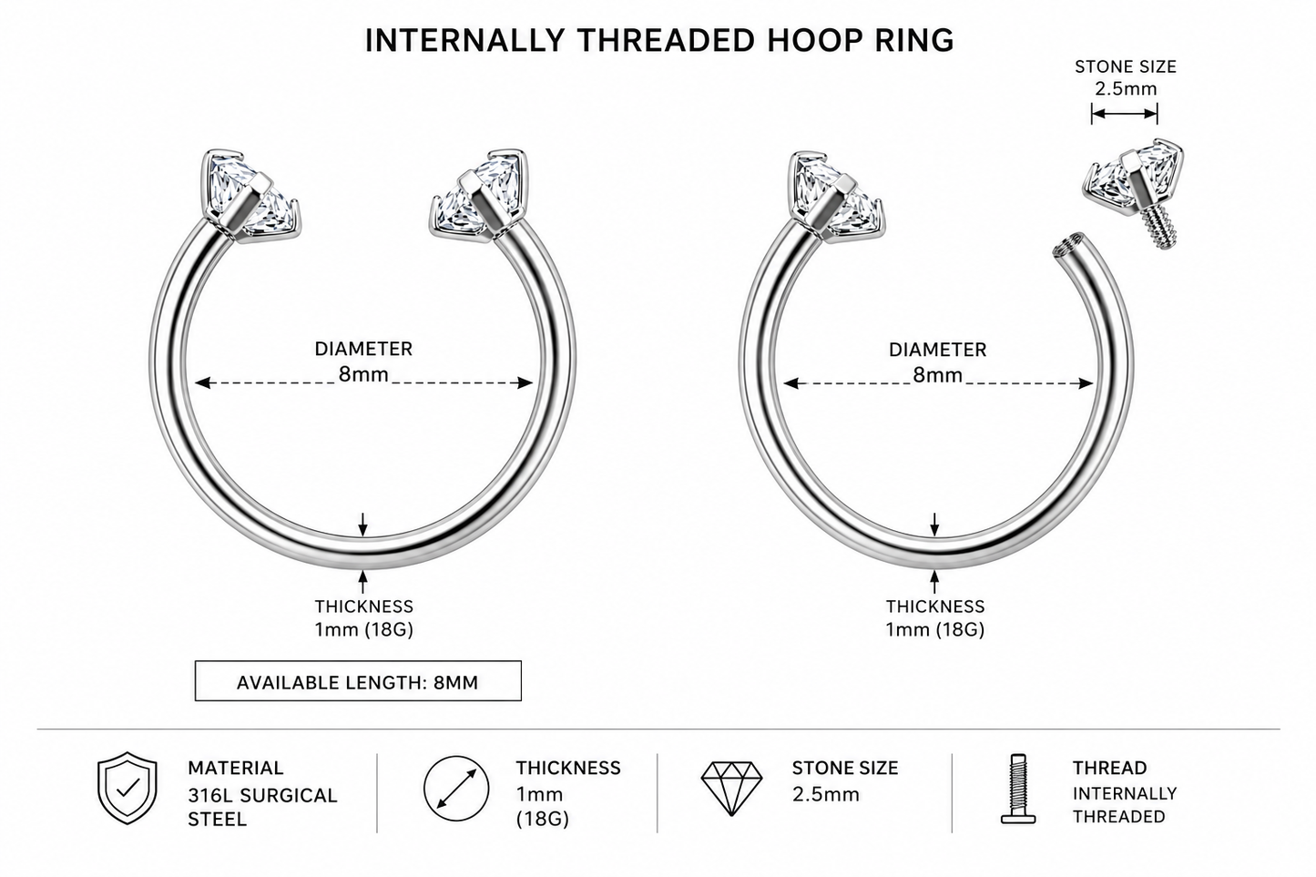 316L Surgical Steel CZ End Circular Barbell Ring – 18G (1.0mm) 8mm