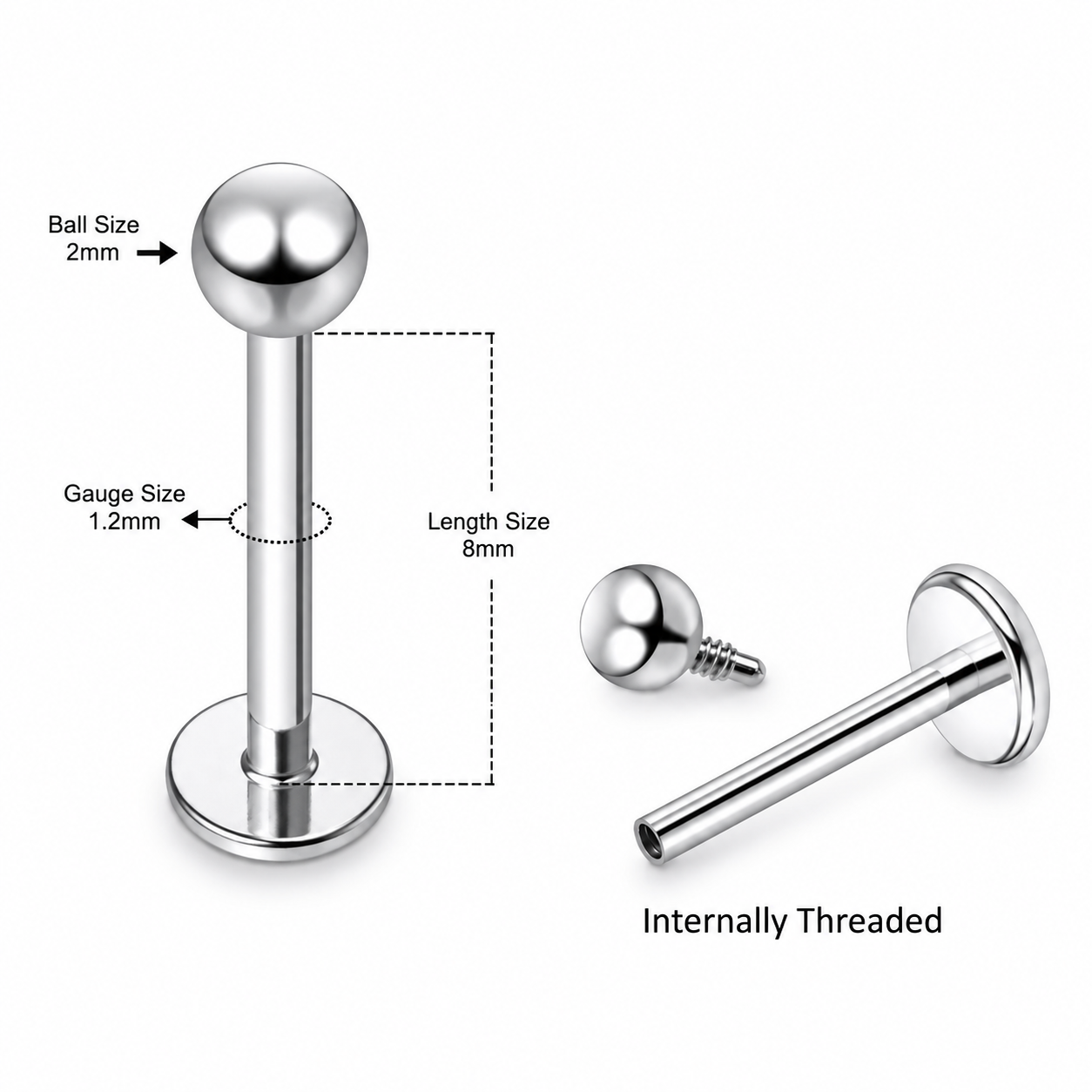 316L Surgical Steel Plain Ball Internally Threaded Flat Back Labret – 16G (1.2mm)