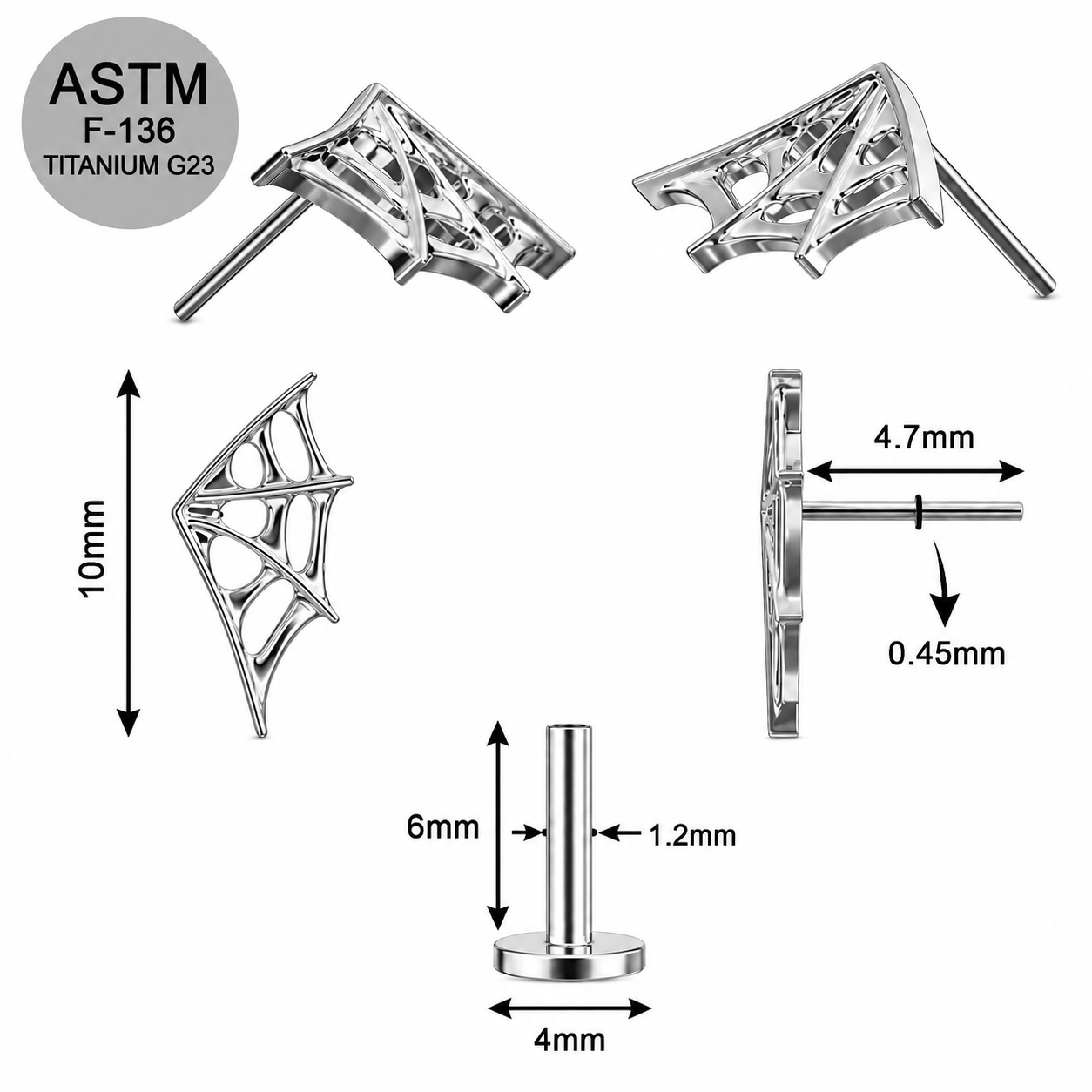 G23 Titanium Spiderweb Wing Threadless Labret Stud – 16G (1.2mm)
