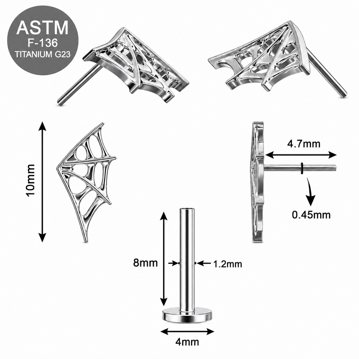 G23 Titanium Spiderweb Wing Threadless Labret Stud – 16G (1.2mm)