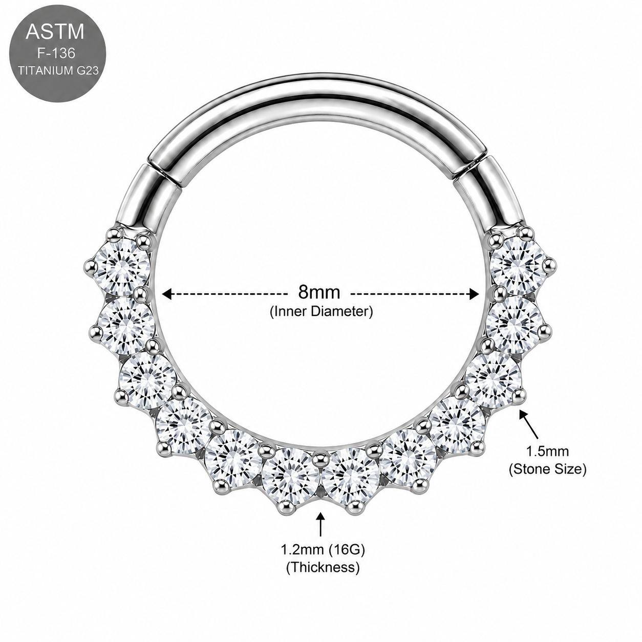 G23 Titanium Front-Facing CZ Hinged Clicker Ring – 16G (1.2mm) 8mm
