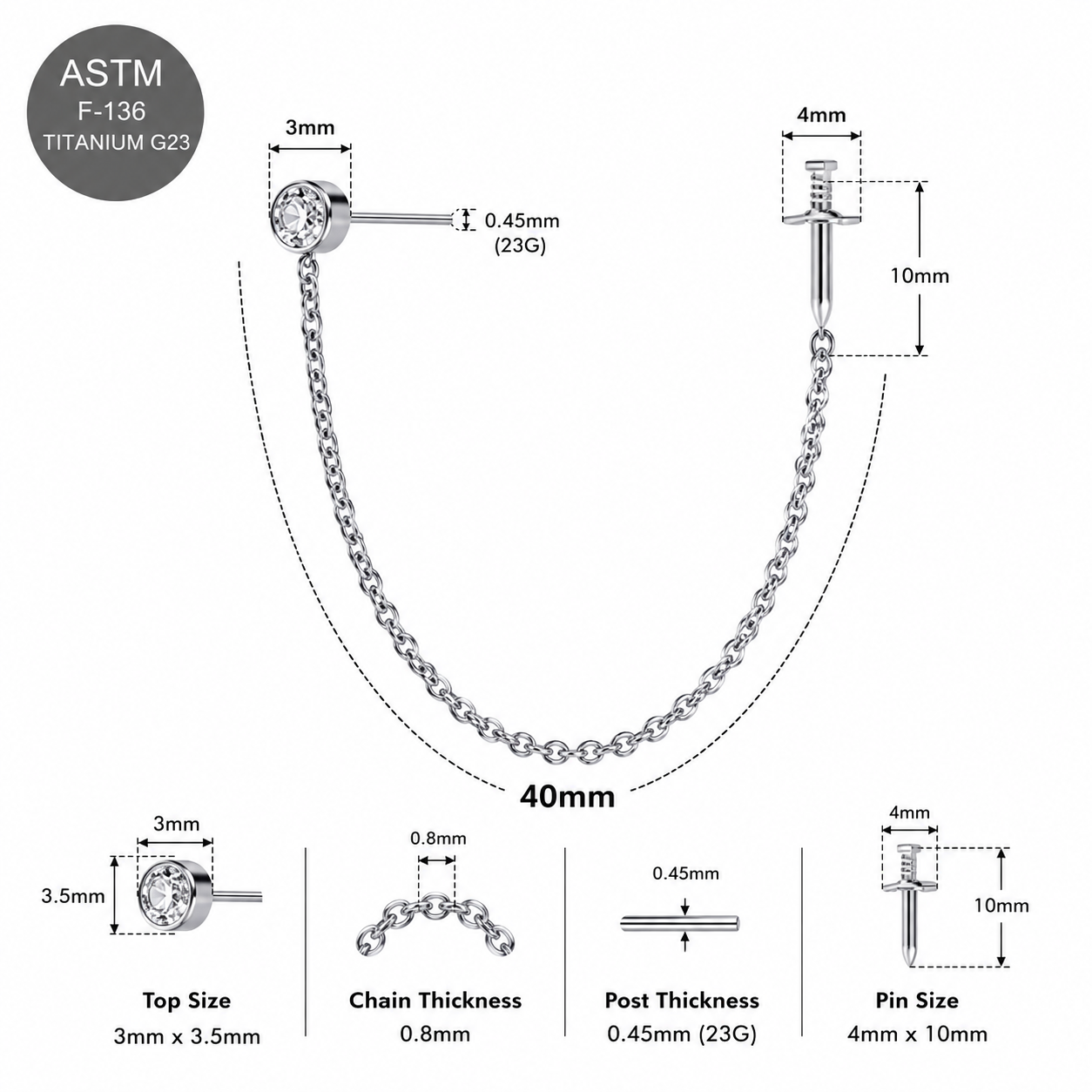 G23 Titanium Two Hole Round Dagger Piercing Chain Threadless Pin Top – 18G & 16G Compatible